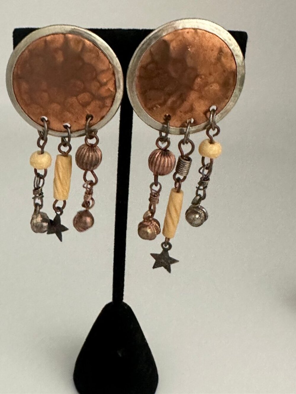 Vintage Artisan Copper Mixed Metal Asymmetrical Clip On Earrings 2.5"